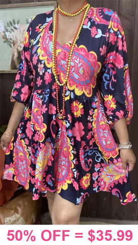 S, M, L, XL Pink Paisley High Low Navy Dress