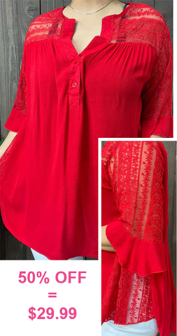 Red Blouse with lace insets on side & sleeves