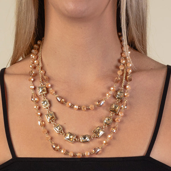Aimimier 3-Layer Crystal Bead Necklace & Earrings Set - 20s Flapper Gatsby Style Jewelry For Women, Pink & Blue