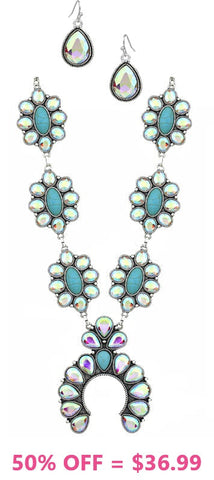 Trendy Turquoise & Bling Squash Blossom necklace and earring set
