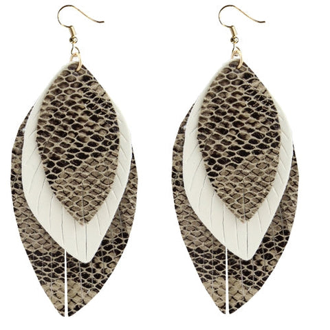 Brown Snake and Cream Feather Layered Earrings