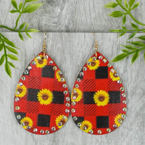 CYBER DEAL! Red Plaid Teardrop earrings with sunflowers