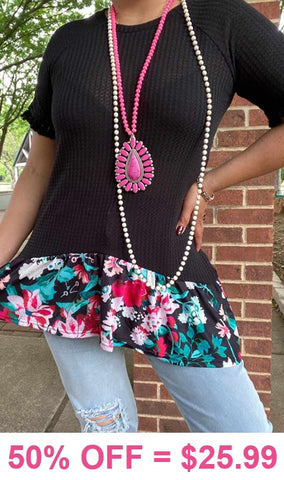 Black Waffle Knit Top with floral ruffle trim