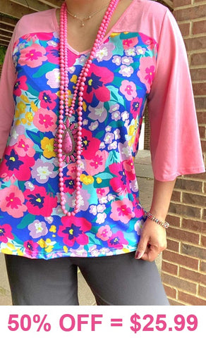 Blue Floral top with pink sleeves
