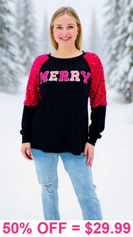MERRY Hot Pink sequin long sleeve top