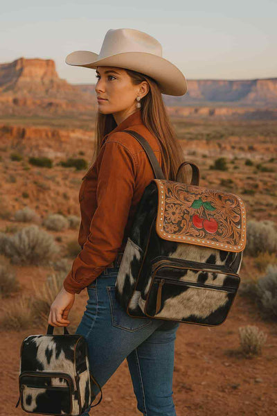 cow leather backpack Western Genuine Leather cow hide backpack w/ tooling & cherry – Shop Southern Charm