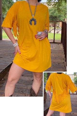L,XL, 2X, 3X Mustard Yellow Dress with fringe on back