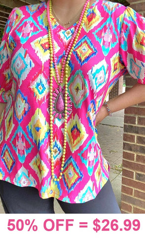 Pink, Yellow, Turquoise tribal print top