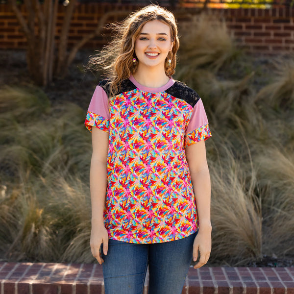 Colorful painted top with lace shoulders – Shop Southern Charm