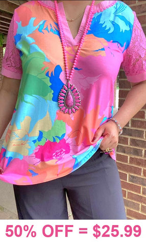 Colorful v-neck top with pink lace sleeves