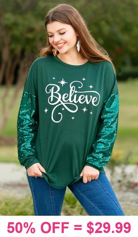 2X, 3X : Believe top with green sequin sleeves