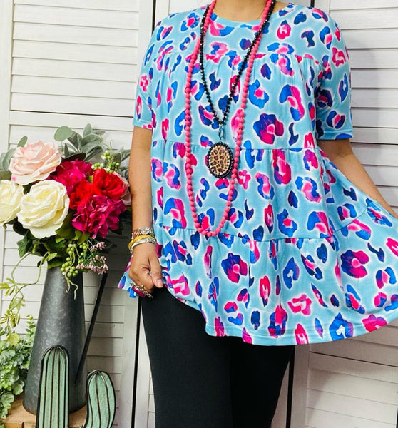 M, L, XL, 2X Blue and Pink Leopard Baby Doll Top – Shop