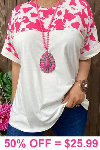 S, M, White Top with pink cow print short sleeves