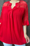 Red Blouse with lace insets on side & sleeves