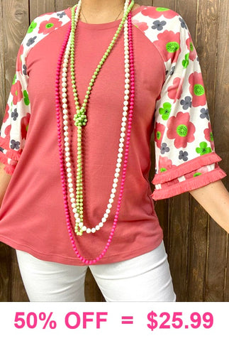 Floral Bell Sleeve top with fringe trim