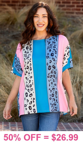 Blue, Pink, Leopard stitched stripe top