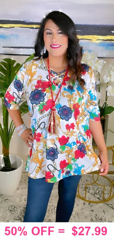 White Top with floral scroll print criss cross neck