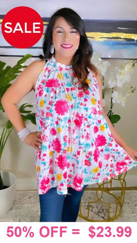 L, XL, 2X, 3X Pink Floral White Sleeveless baby doll top
