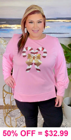 XXXL : Pink Sweater with Sequin Candy Canes