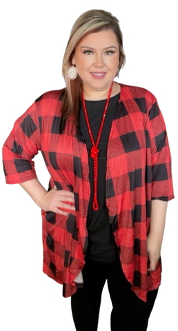 Red Plaid Silky Drape Front Cardigan