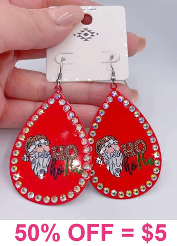 Red teardrop bling hohoho Christmas Santa earrings