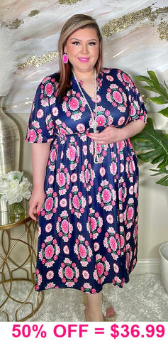 Small, Med, Navy & Pink Floral Midi Dress