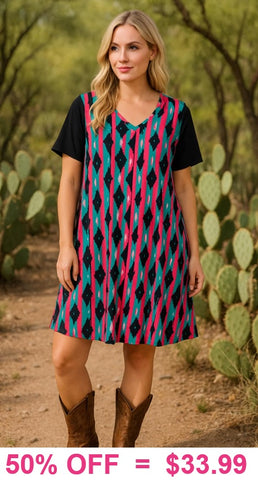 Turquoise & Pink tribal flutter dress black bell sleeves