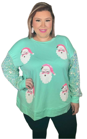 M, L, XL, 2X BEST SELLER! Sequin Santa Mint top
