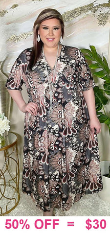 Black, Grey, Rust, Cream Printed Dress