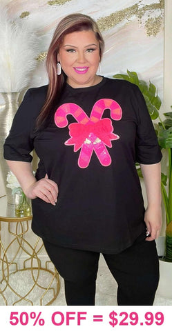Pink Candy Cane sequin patch black top
