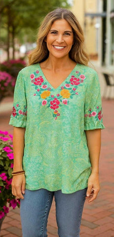 XL, 2X : Green Blouse With Floral Embroidery