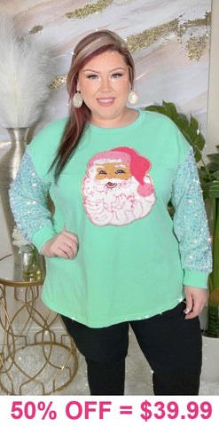 BEST SELLER : Mint SANTA Top with sequin sleeves