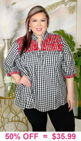 Plaid Baby Doll Top With Red Embroidery-OVERSIZED