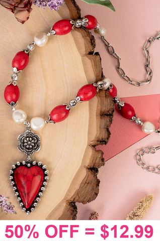 Red stone, pearl beaded necklace with heart pendant