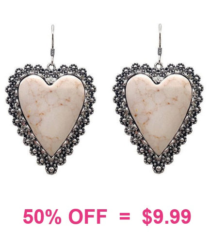 Cream stone heart earrings silver trim