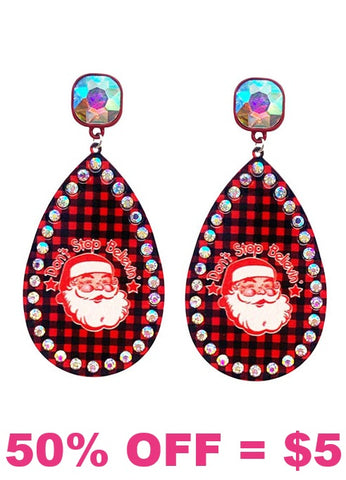 Red plaid Santa "Don't Stop Believin" earrings