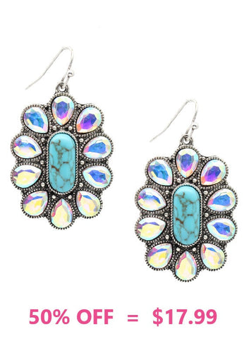 Bling AB & Turquoise oval concho earrings