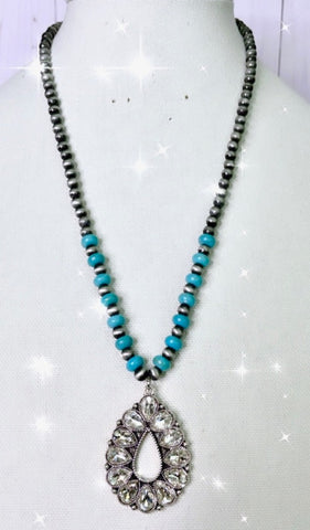 Silver and Turquoise Necklace with small bling teardrop pendant