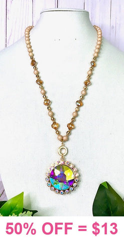 Cream & Crystal Beaded Necklace with Bling Gem Pendant