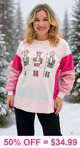 M, XL, 2X, 3X Pink NUTCRACKER Sweater with fuzzy sleeves