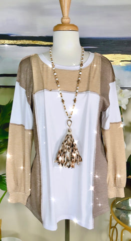 2X/3X : Brown, Taupe, White open-stitch long sleeve top