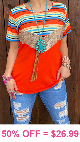 Orange Top with Blue Stripes & Sequins
