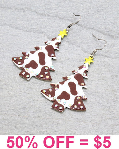 Brown and White Cow print Christmas tree earrings