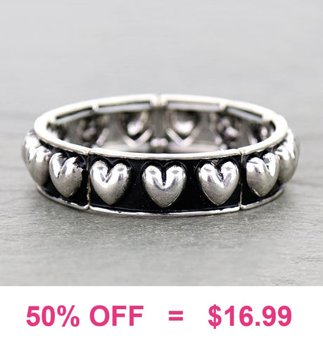 Wide Silver Heart studded stretch bracelet