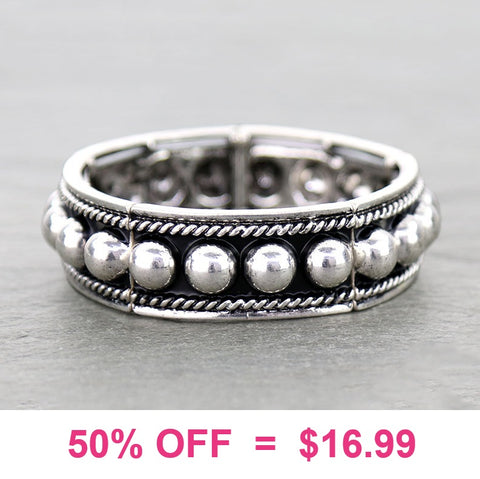 Wide Burnished Silver studded stretch bracelet