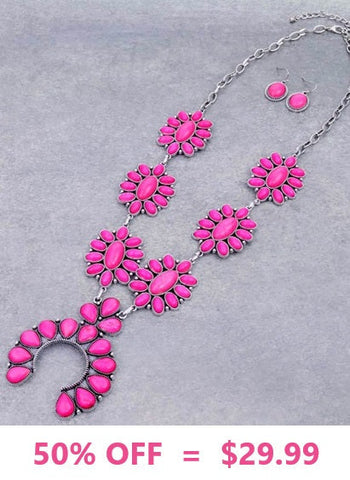 Hot Pink Stones Squash Blossom Necklace set