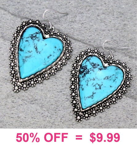 Turquoise stone heart earrings silver trim