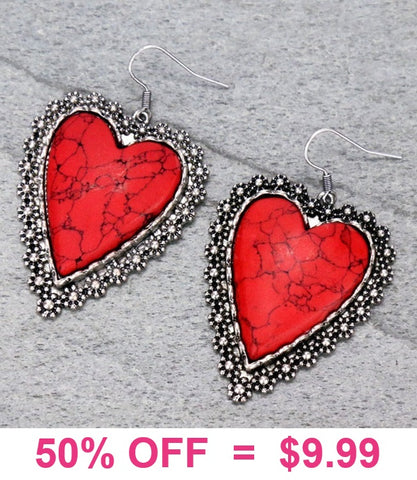 Red stone heart earrings silver trim