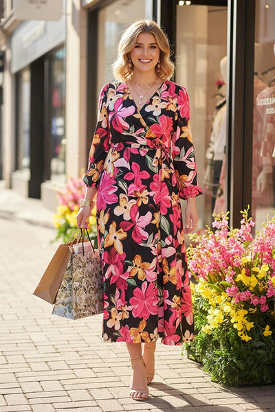 Pink Floral Maxi Wrap Around Dress with Tie Belt – Shop Southern Charm
