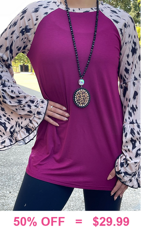 S, L, XL, Plum Top with Cheetah Long Bell Sleeves